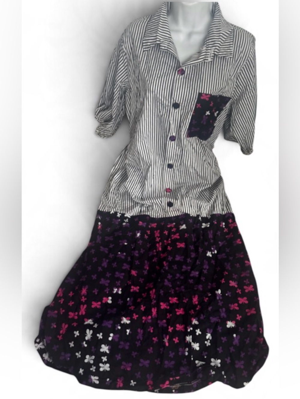 Handmade Black Floral striped patchwork cottagecore Midi Dress collar